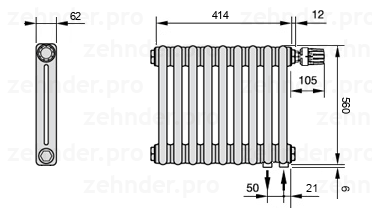 Схема (чертеж) Радиатор Zehnder Charleston 2056/9 №V002 Белый глянцевый RAL 9016